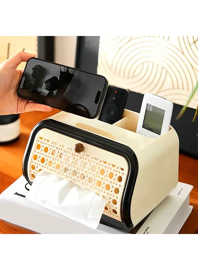 صندوق تخزين مكتبي بمظهر الروطان المزدوج الشبكي الداكن بأسلوب رجعي مع حامل للمناديل وحامل للريموت - Image 3